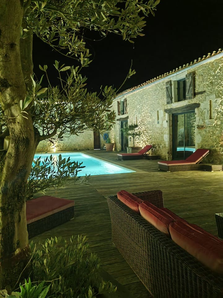 le patio et sa piscine la nuit décoré avec des oliviers au domaine de pourrouquet pour profiter de chambres d’hôtes et gîtes dans le gers